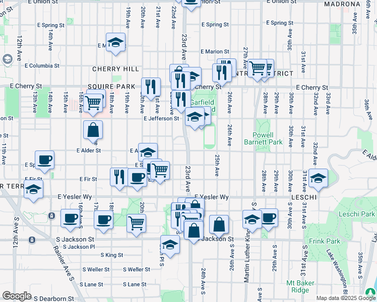map of restaurants, bars, coffee shops, grocery stores, and more near E Alder St & 23rd Ave in Seattle