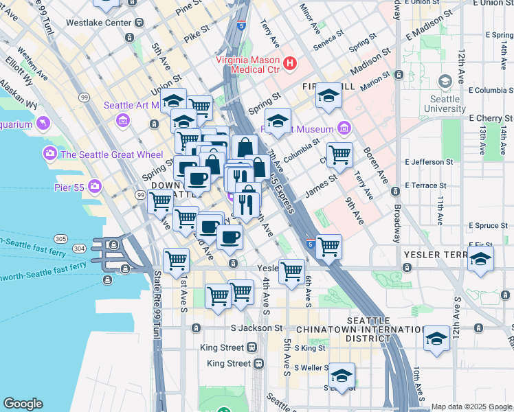 map of restaurants, bars, coffee shops, grocery stores, and more near 700 5th Avenue in Seattle