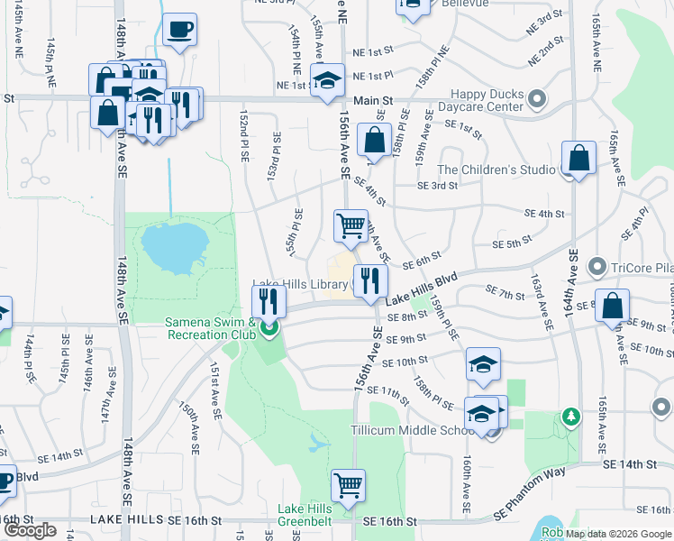 map of restaurants, bars, coffee shops, grocery stores, and more near 15510 Southeast 5th Court in Bellevue
