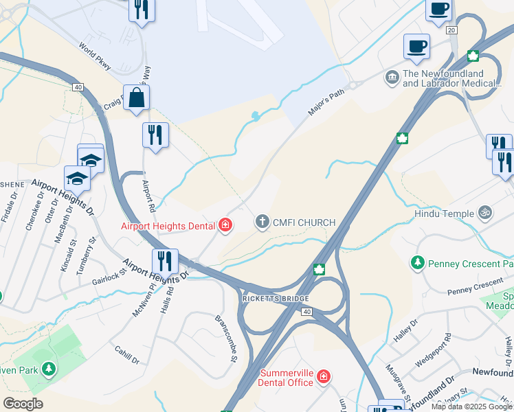 map of restaurants, bars, coffee shops, grocery stores, and more near 15 International Place in St. John's