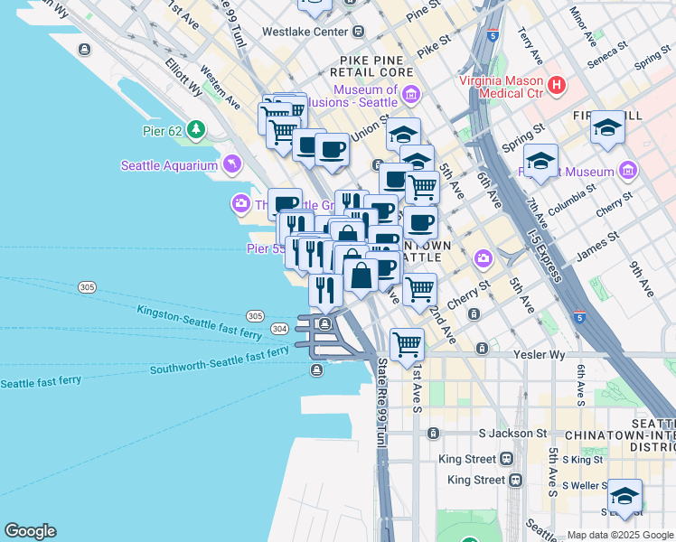 map of restaurants, bars, coffee shops, grocery stores, and more near 81 Elliot Bay Trail in Seattle
