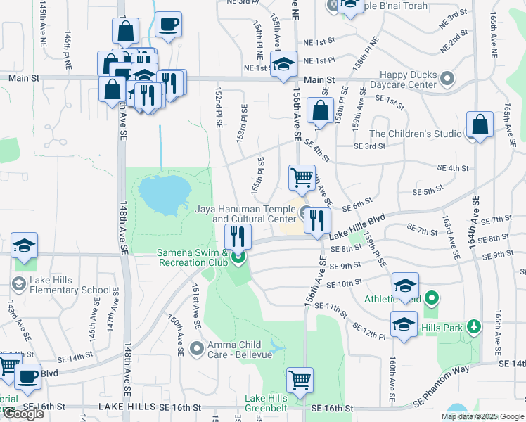 map of restaurants, bars, coffee shops, grocery stores, and more near 15424 Southeast 7th Place in Bellevue