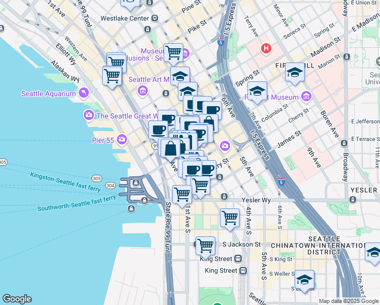 map of restaurants, bars, coffee shops, grocery stores, and more near 804 2nd Avenue in Seattle