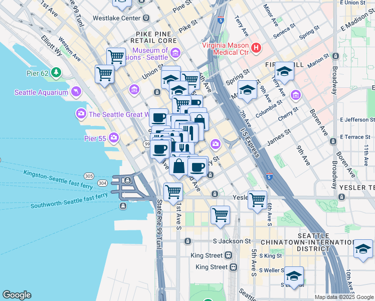 map of restaurants, bars, coffee shops, grocery stores, and more near 804 2nd Avenue in Seattle