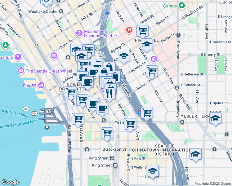 map of restaurants, bars, coffee shops, grocery stores, and more near 612 5th Avenue in Seattle