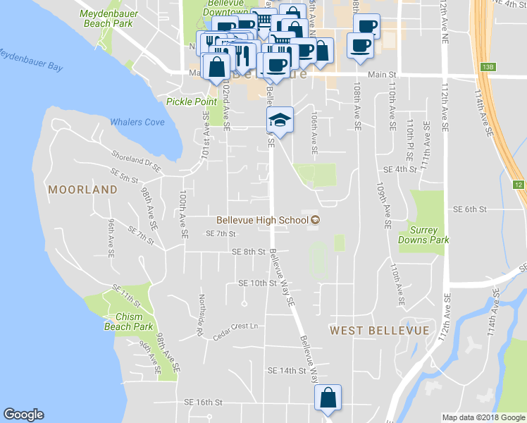 map of restaurants, bars, coffee shops, grocery stores, and more near 10320 Southeast 6th Street in Bellevue