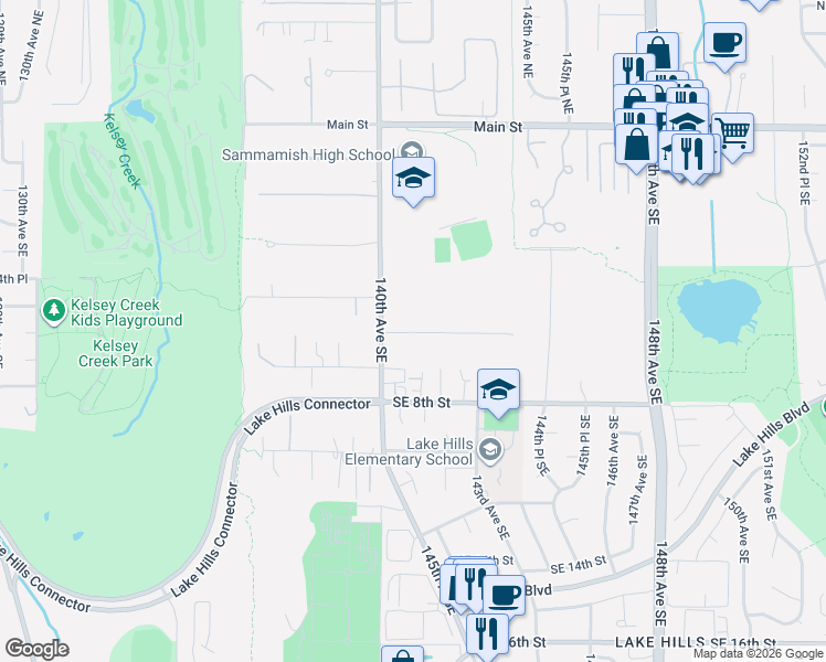map of restaurants, bars, coffee shops, grocery stores, and more near 636 140th Court Southeast in Bellevue