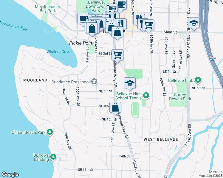 map of restaurants, bars, coffee shops, grocery stores, and more near 10245 Southeast 6th Street in Bellevue
