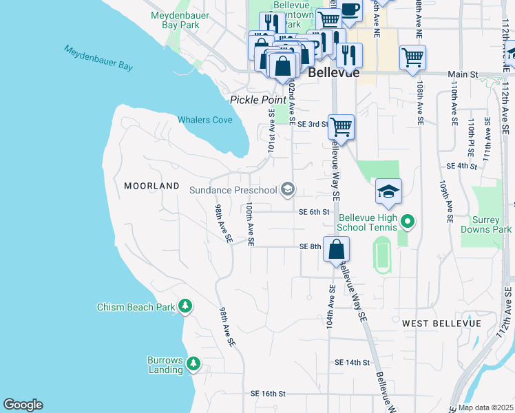 map of restaurants, bars, coffee shops, grocery stores, and more near 640 100th Avenue Southeast in Bellevue