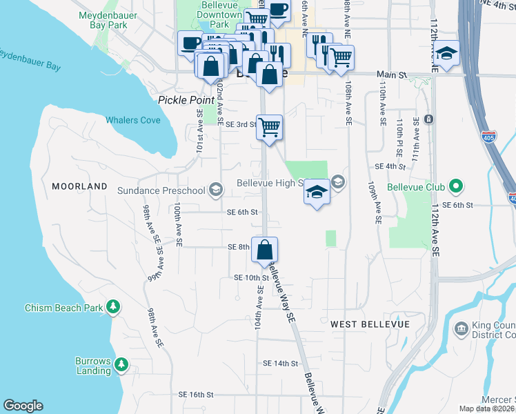 map of restaurants, bars, coffee shops, grocery stores, and more near 10330 Southeast 6th Street in Bellevue