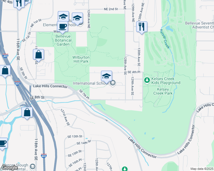 map of restaurants, bars, coffee shops, grocery stores, and more near 445 128th Avenue Southeast in Bellevue
