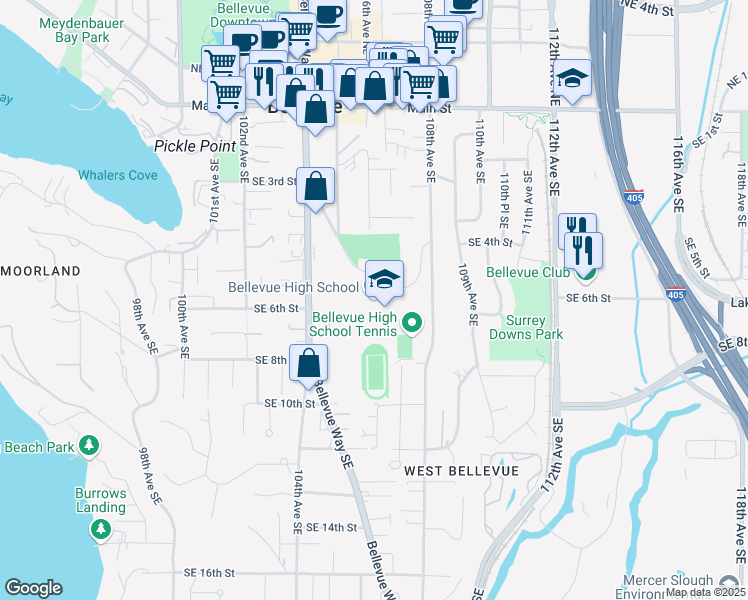 map of restaurants, bars, coffee shops, grocery stores, and more near 10416 Wolverine Way in Bellevue