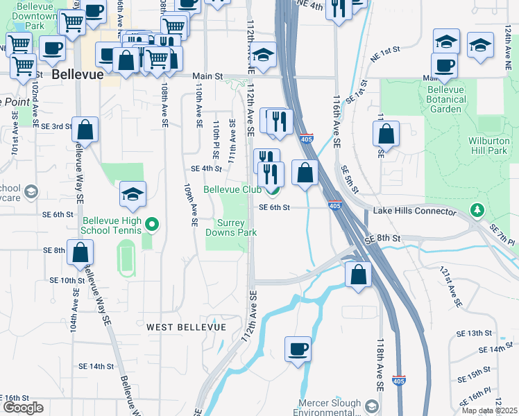 map of restaurants, bars, coffee shops, grocery stores, and more near 11245 Southeast 6th Street in Bellevue