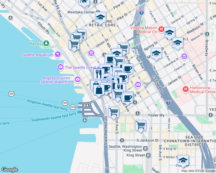 map of restaurants, bars, coffee shops, grocery stores, and more near 915 2nd Avenue in Seattle