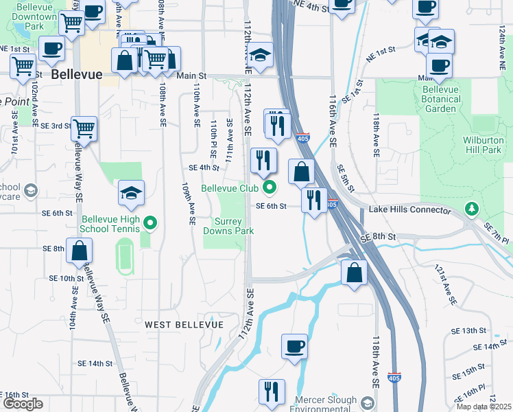 map of restaurants, bars, coffee shops, grocery stores, and more near 11235 Southeast 6th Street in Bellevue