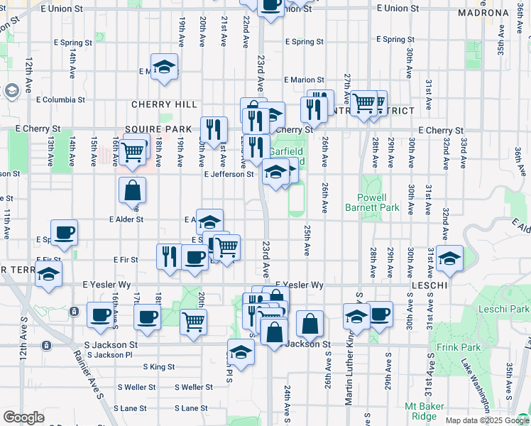 map of restaurants, bars, coffee shops, grocery stores, and more near 217 23rd Avenue in Seattle