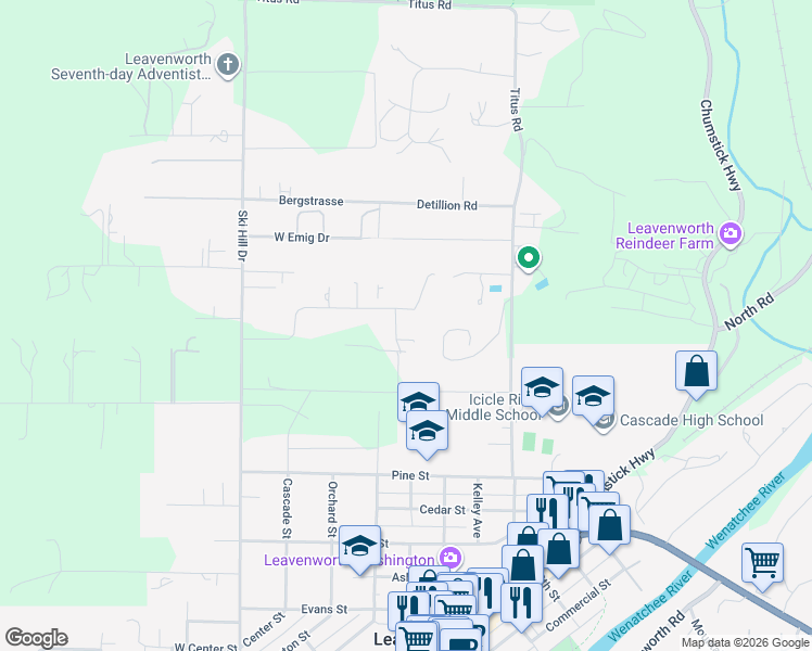 map of restaurants, bars, coffee shops, grocery stores, and more near 12275 Village View Drive in Leavenworth