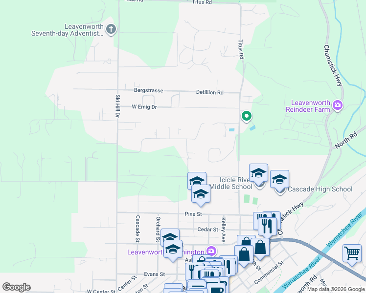 map of restaurants, bars, coffee shops, grocery stores, and more near 12305 Village View Drive in Leavenworth