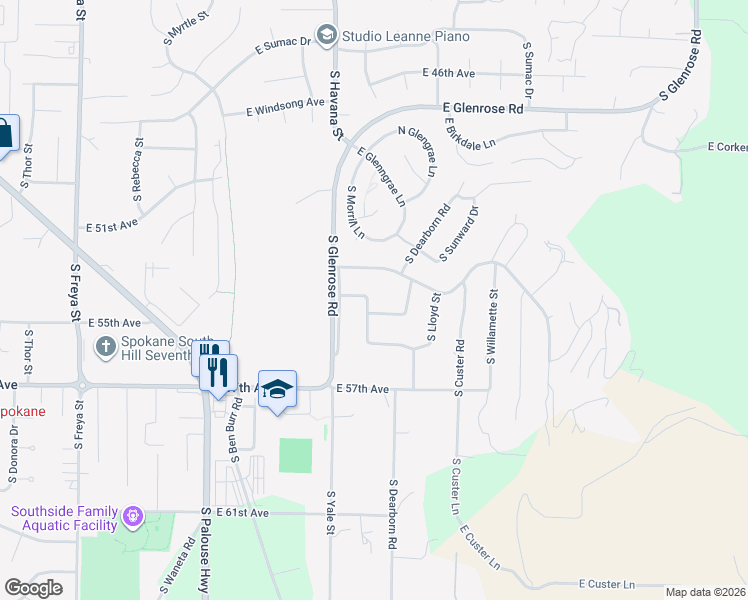 map of restaurants, bars, coffee shops, grocery stores, and more near 5503 South Morrill Street in Spokane