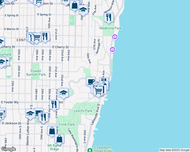map of restaurants, bars, coffee shops, grocery stores, and more near 3702 East Alder Street in Seattle