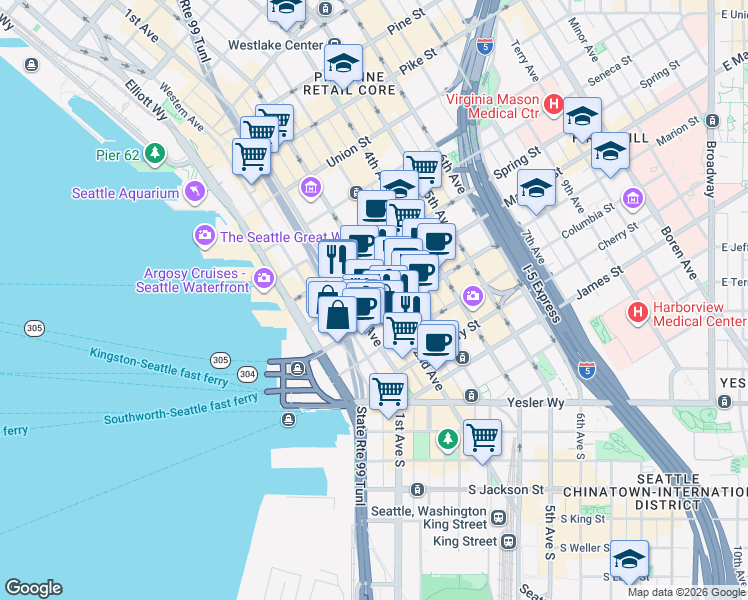 map of restaurants, bars, coffee shops, grocery stores, and more near 915 2nd Avenue in Seattle