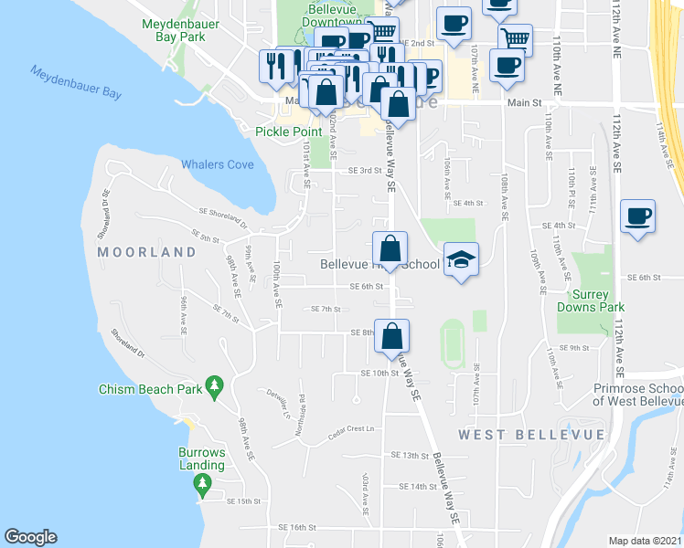 map of restaurants, bars, coffee shops, grocery stores, and more near 10207 Southeast 6th Street in Bellevue