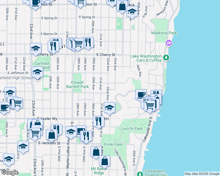 map of restaurants, bars, coffee shops, grocery stores, and more near 227 32nd Avenue in Seattle