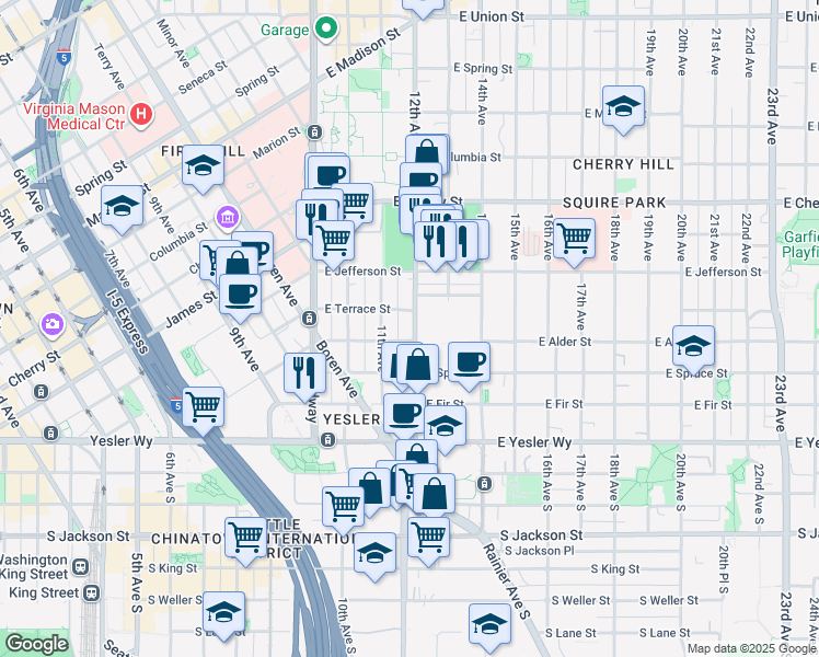 map of restaurants, bars, coffee shops, grocery stores, and more near 1100 East Alder Street in Seattle
