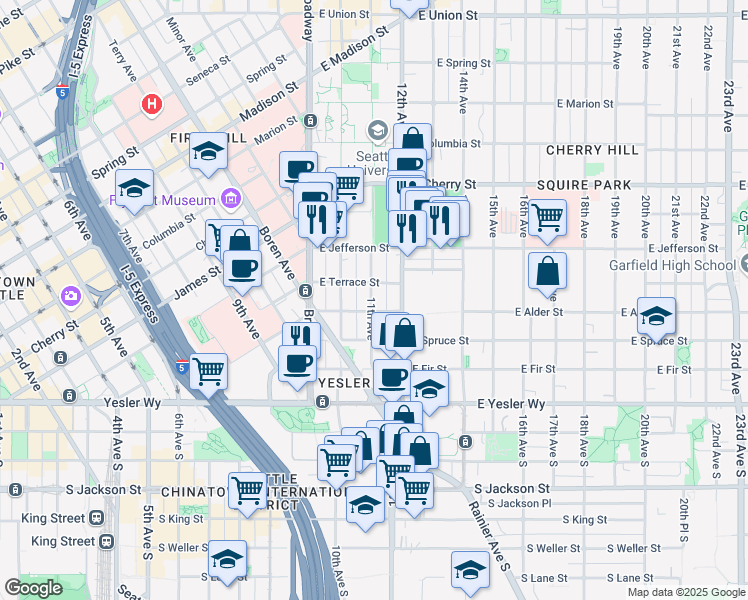 map of restaurants, bars, coffee shops, grocery stores, and more near 1100 East Alder Street in Seattle