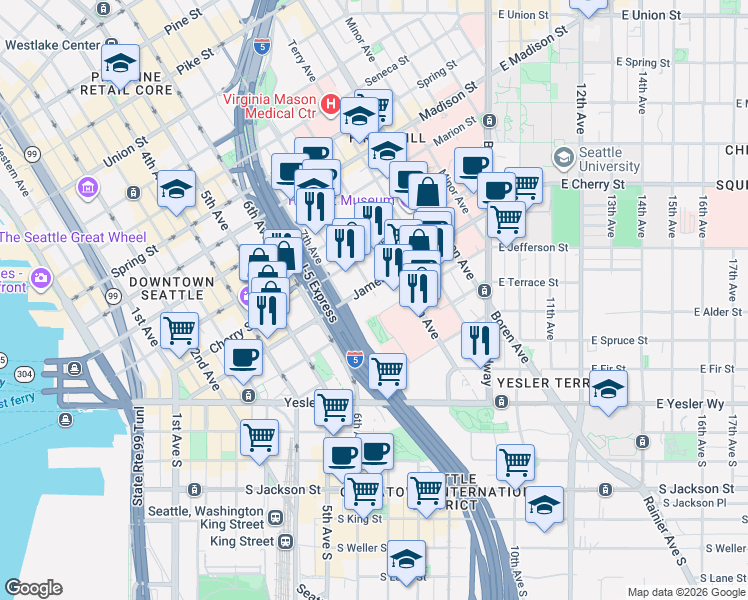 map of restaurants, bars, coffee shops, grocery stores, and more near 325 9th Avenue in Seattle