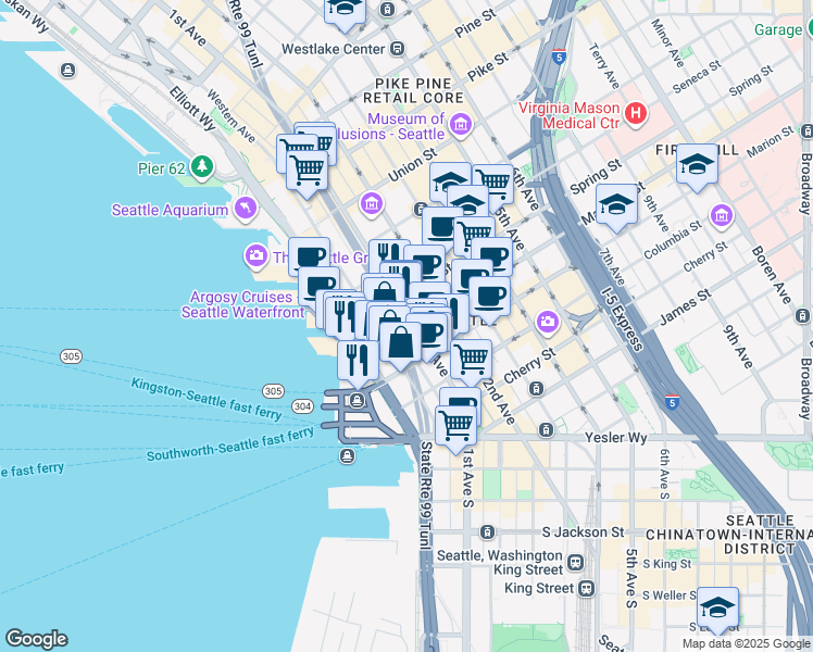 map of restaurants, bars, coffee shops, grocery stores, and more near 911 Western Avenue in Seattle