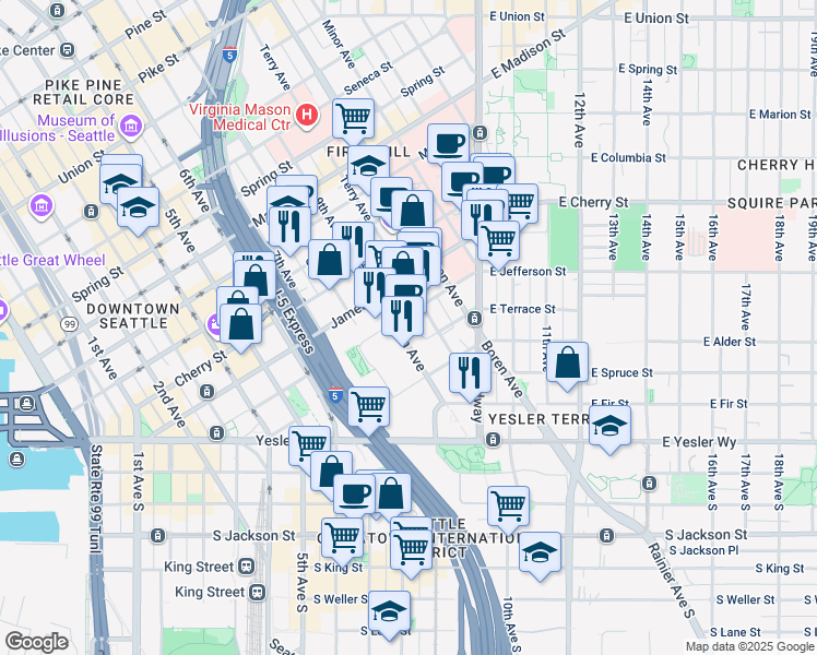 map of restaurants, bars, coffee shops, grocery stores, and more near 410 9th Avenue in Seattle