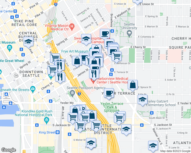 map of restaurants, bars, coffee shops, grocery stores, and more near 410 9th Avenue in Seattle