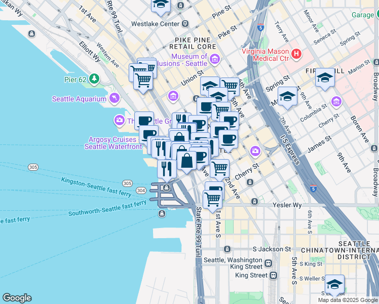 map of restaurants, bars, coffee shops, grocery stores, and more near 1001 1st Avenue in Seattle