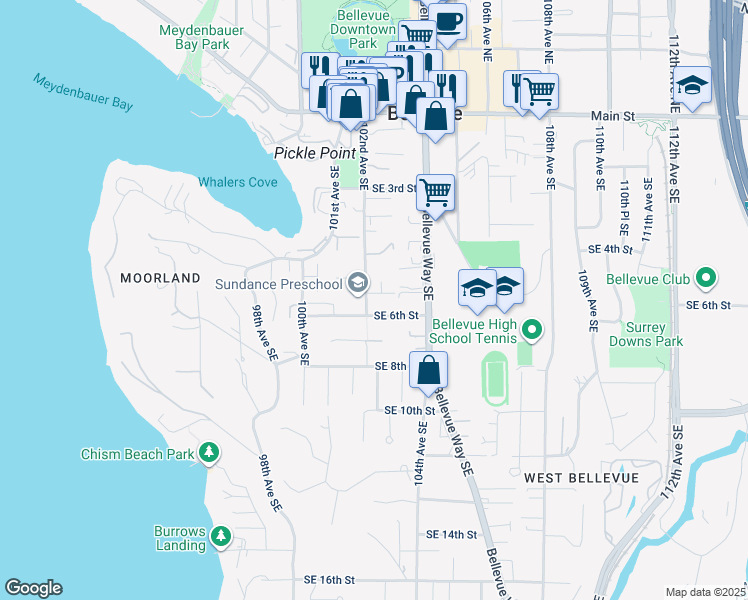 map of restaurants, bars, coffee shops, grocery stores, and more near 10207 Southeast 6th Street in Bellevue