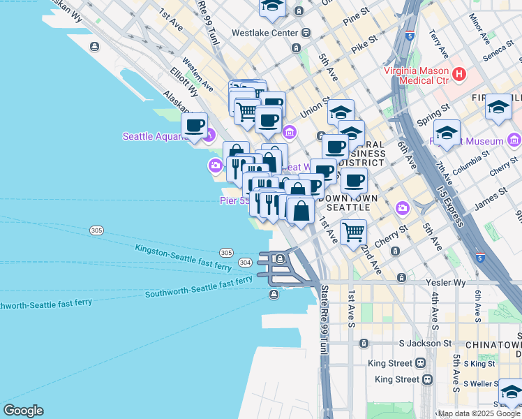 map of restaurants, bars, coffee shops, grocery stores, and more near 1101 Alaskan Way in Seattle