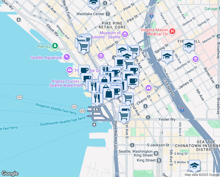 map of restaurants, bars, coffee shops, grocery stores, and more near 1001 1st Avenue in Seattle