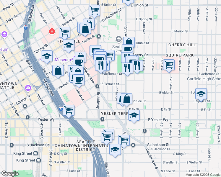 map of restaurants, bars, coffee shops, grocery stores, and more near 400 10th Avenue in Seattle