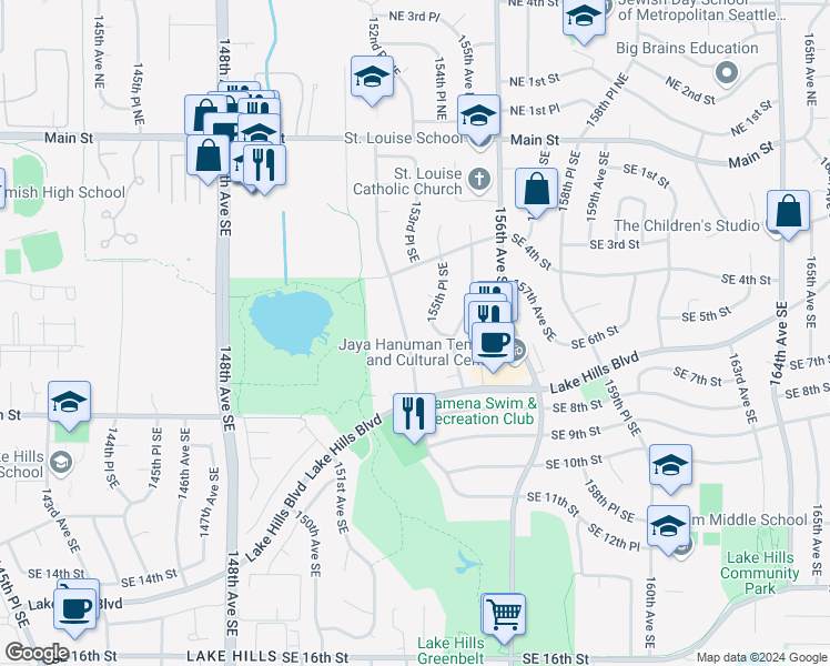 map of restaurants, bars, coffee shops, grocery stores, and more near 458 154th Avenue Southeast in Bellevue