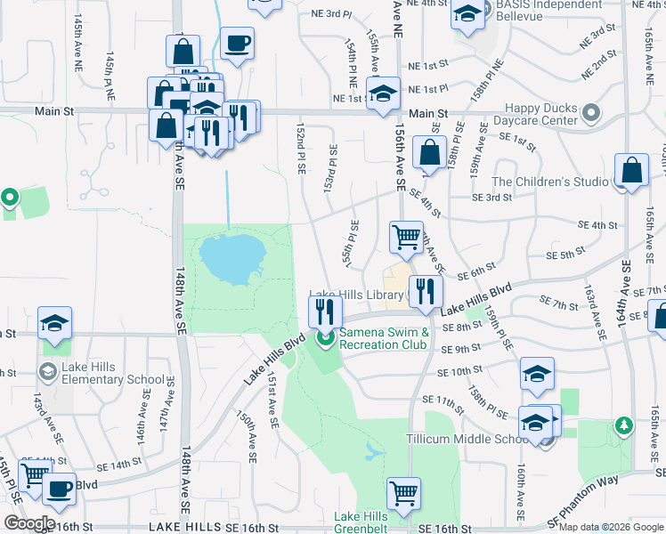 map of restaurants, bars, coffee shops, grocery stores, and more near 428 154th Avenue Southeast in Bellevue