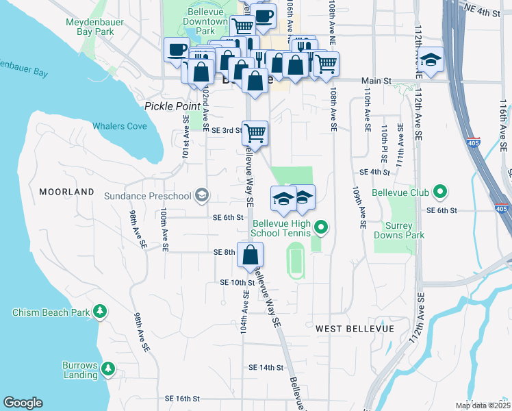 map of restaurants, bars, coffee shops, grocery stores, and more near 530 Bellevue Way Southeast in Bellevue