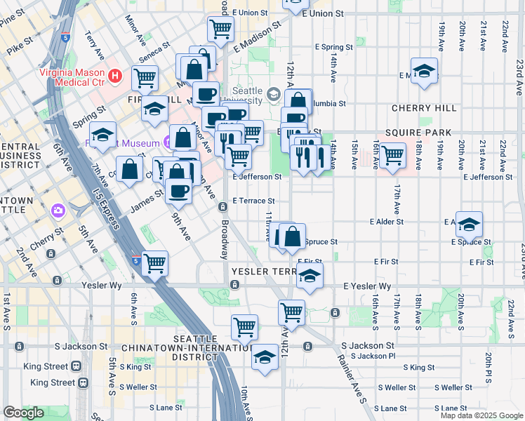 map of restaurants, bars, coffee shops, grocery stores, and more near 400 10th Avenue in Seattle