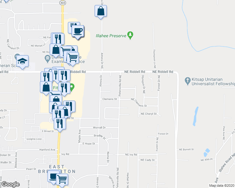 map of restaurants, bars, coffee shops, grocery stores, and more near 4405 Petersville Road Northeast in Bremerton