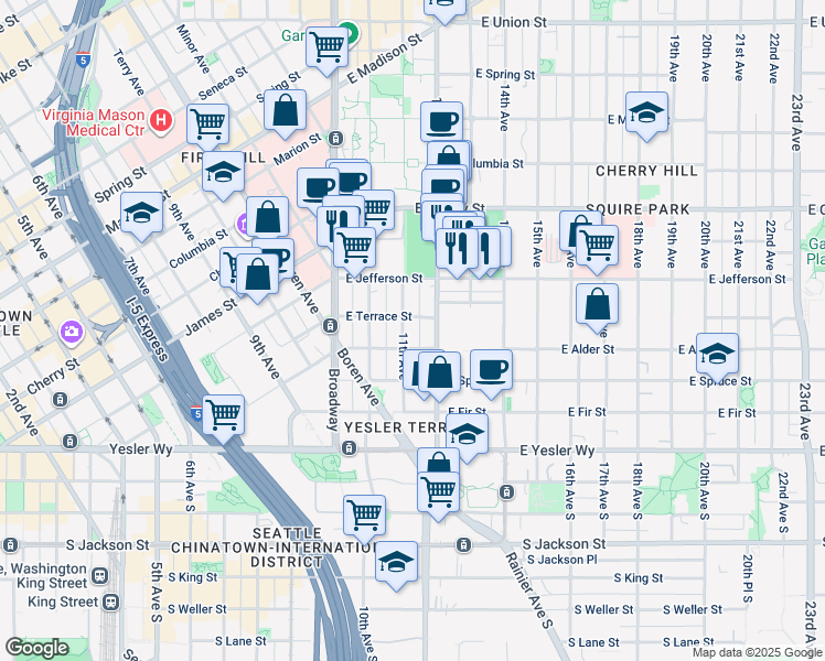 map of restaurants, bars, coffee shops, grocery stores, and more near 1108 East Terrace Street in Seattle