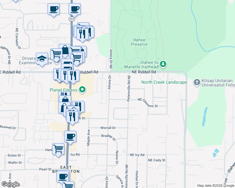 map of restaurants, bars, coffee shops, grocery stores, and more near 1521 Vue Court in Bremerton