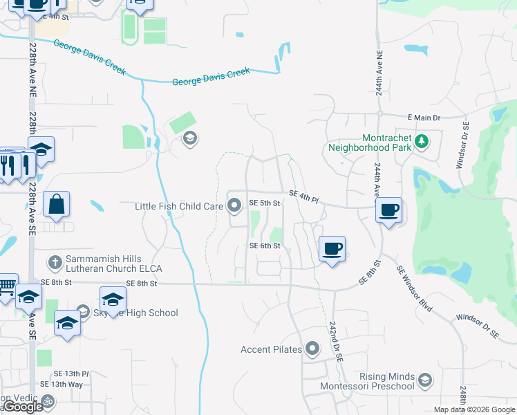 map of restaurants, bars, coffee shops, grocery stores, and more near 23800 Southeast 5th Street in Sammamish