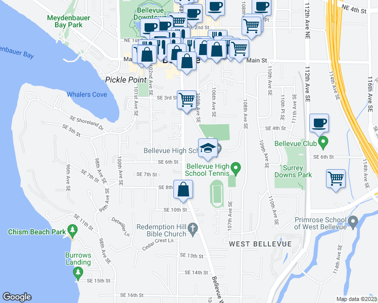map of restaurants, bars, coffee shops, grocery stores, and more near 530 Bellevue Way Southeast in Bellevue
