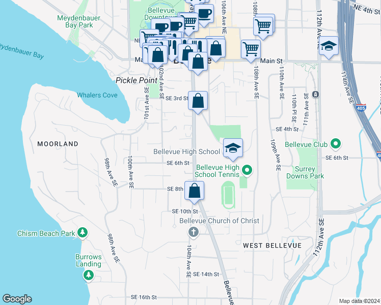 map of restaurants, bars, coffee shops, grocery stores, and more near 527 Bellevue Way Southeast in Bellevue