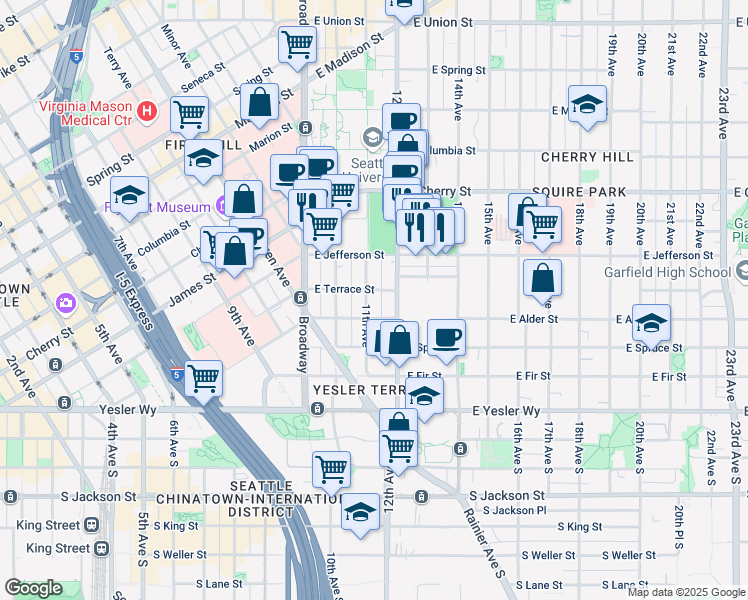 map of restaurants, bars, coffee shops, grocery stores, and more near 1108 East Terrace Street in Seattle