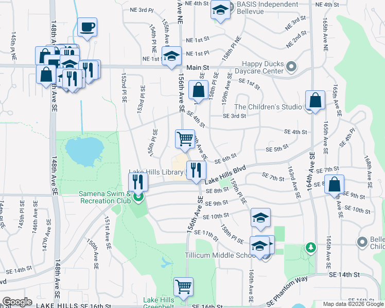 map of restaurants, bars, coffee shops, grocery stores, and more near 504 156th Avenue Southeast in Bellevue
